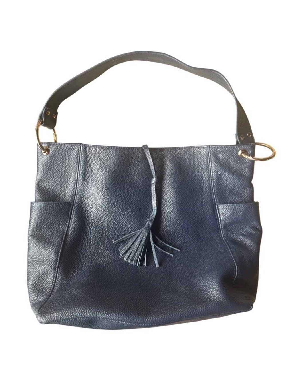 LAGGO Navy Pebbled Leather Hobo Shoulder Bag Gold Tone Hardware Tassel Tote - Picture 12 of 12